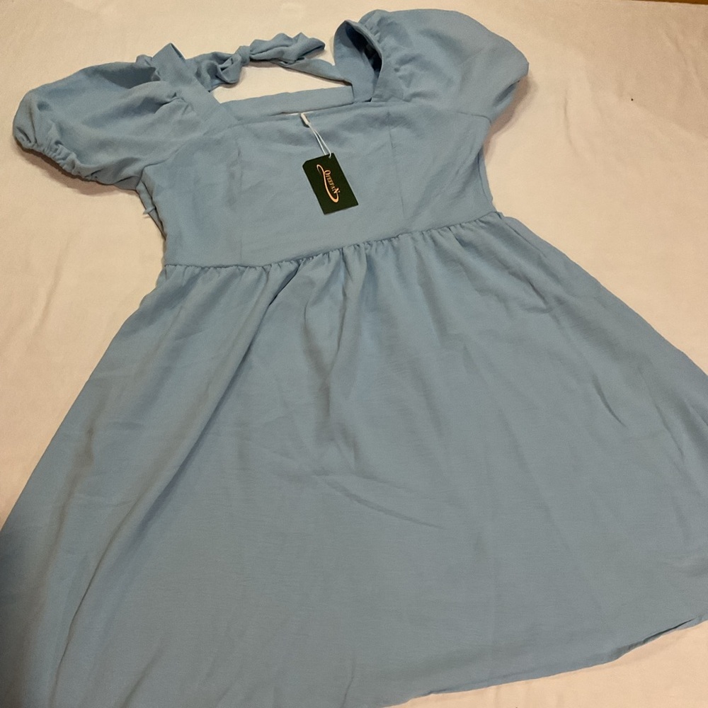 NWT Ofeefan Baby blue puff sleeves square neck tie in back with zipper medium